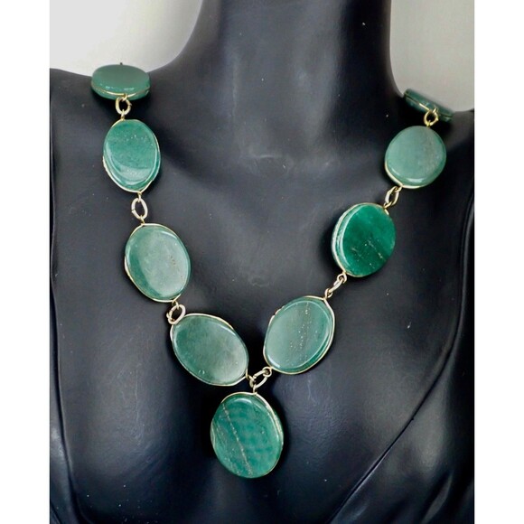 Green Aventurine Necklace & Matching Bracelet Stone Disk Gold Tone Wire Links - Picture 3 of 16